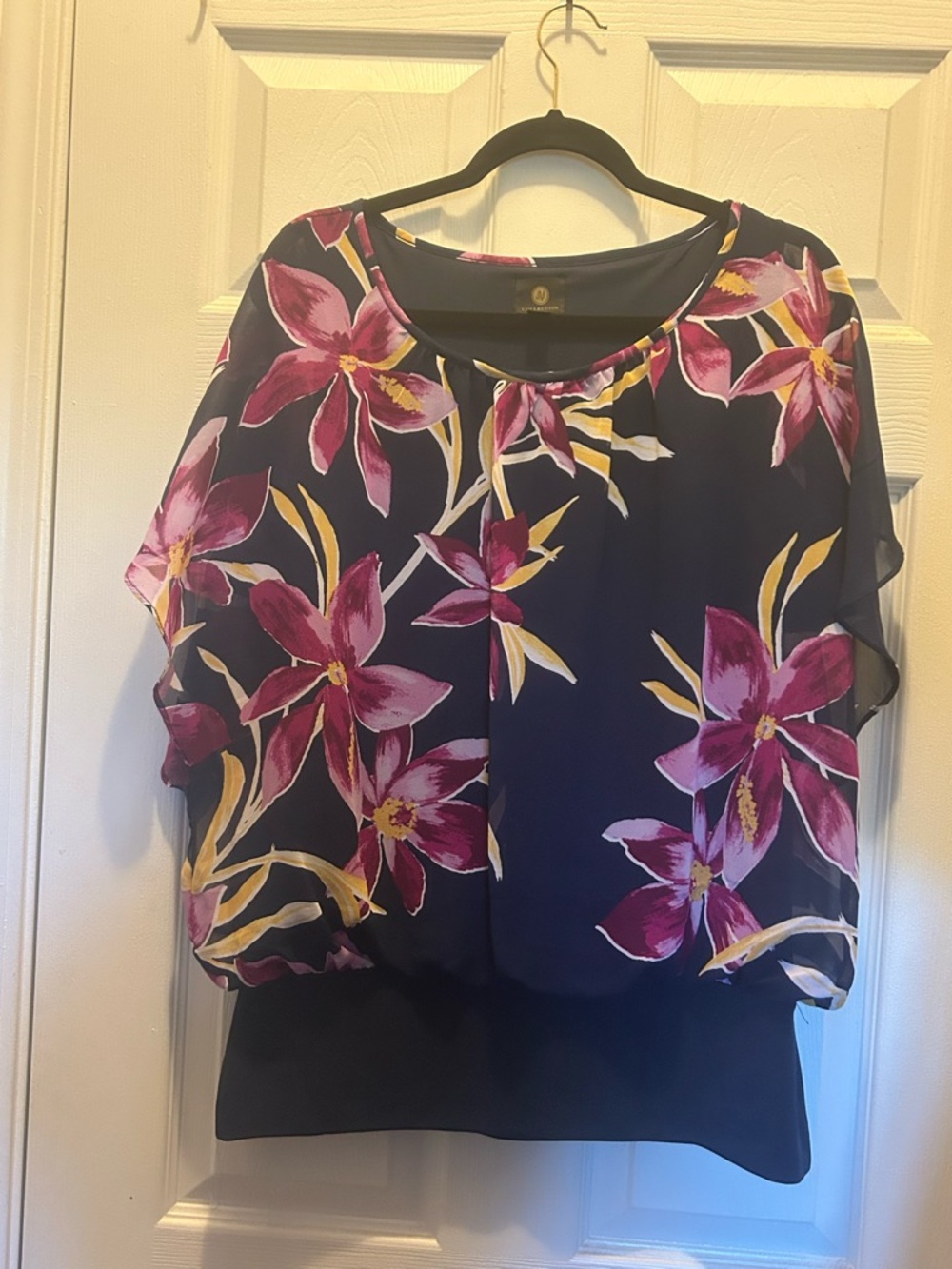 JM Collection Navy Blouse with Pink & Yellow Floral Print